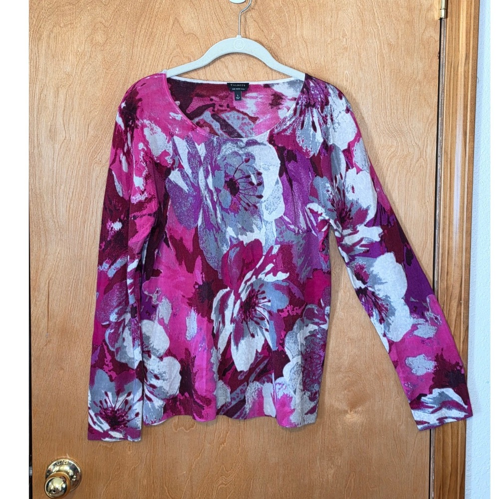 Talbots 100% Merino Wool Floral Sweater L Magenta Pink Watercolor Knit Top